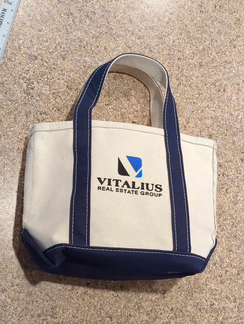 LL Bean Boat and Tote Small Open Top Navy Blue Vitalius Real Estate Logo